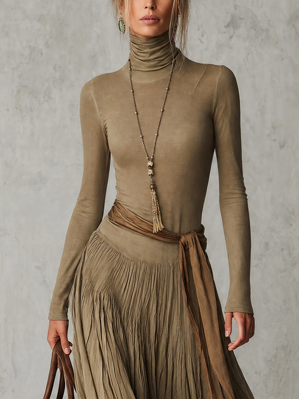 Júlia -  Vestido Maxi Plisado Elegante de Cuello Alto y Manga Larga con Lazo en la Cintura