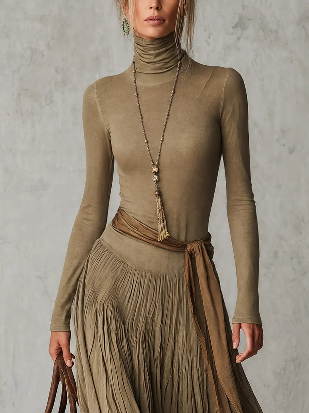 Júlia - Vestido Maxi Plisado Elegante de Cuello Alto y Manga Larga con Lazo en la Cintura