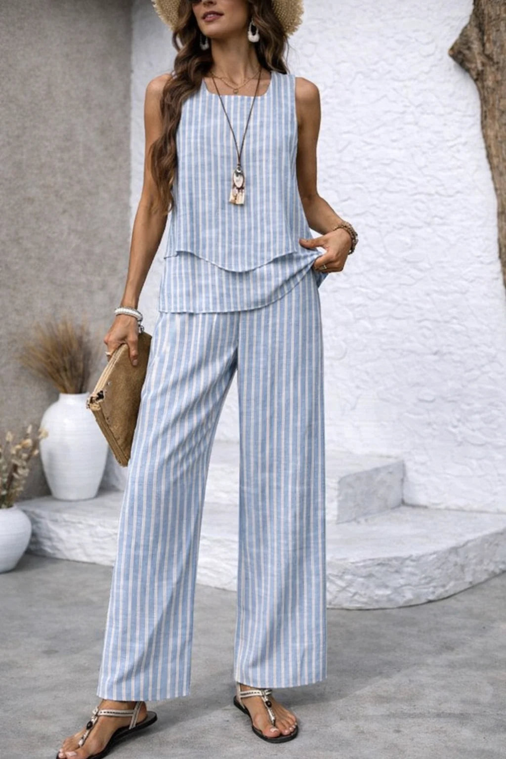 Conjunto Rayas Azul Top y Pantalón Ancho