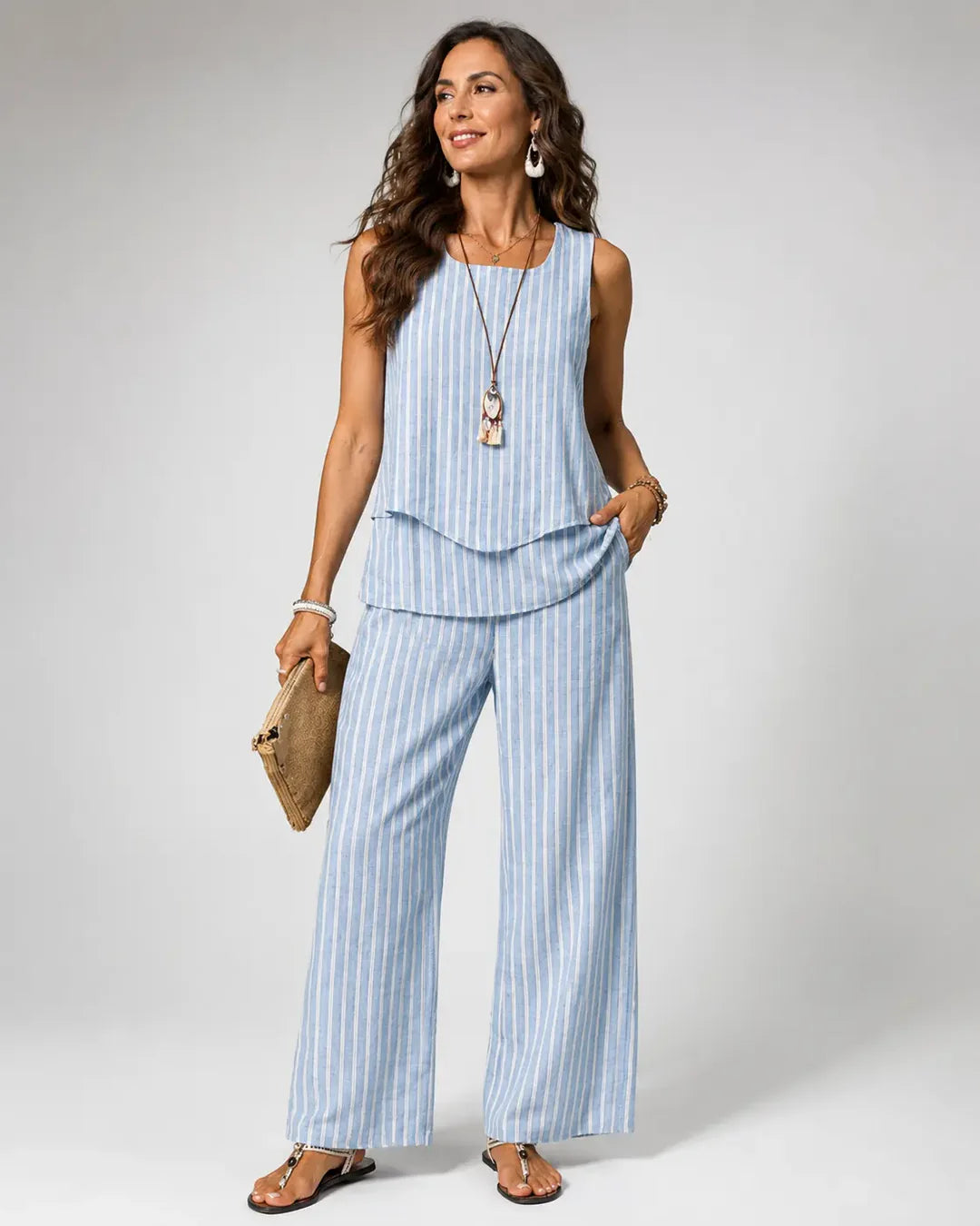 Conjunto Rayas Azul Top y Pantalón Ancho