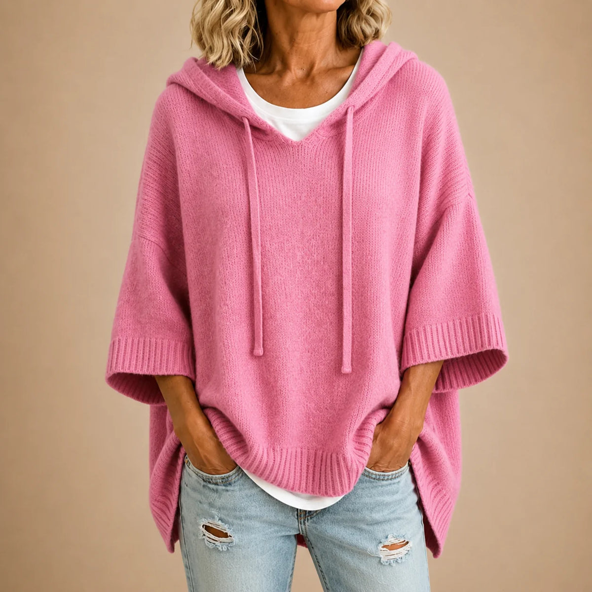 Poncho de Punto con Capucha en Rosa