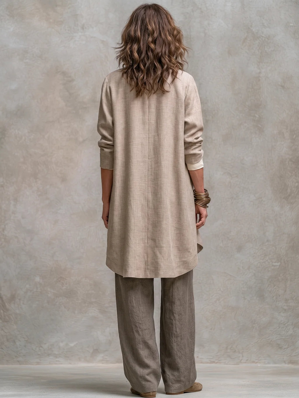 Costanza | Conjunto de Tres Piezas Beige y Gris, Casual en Capas, con Pantalón Palazzo, Elegante