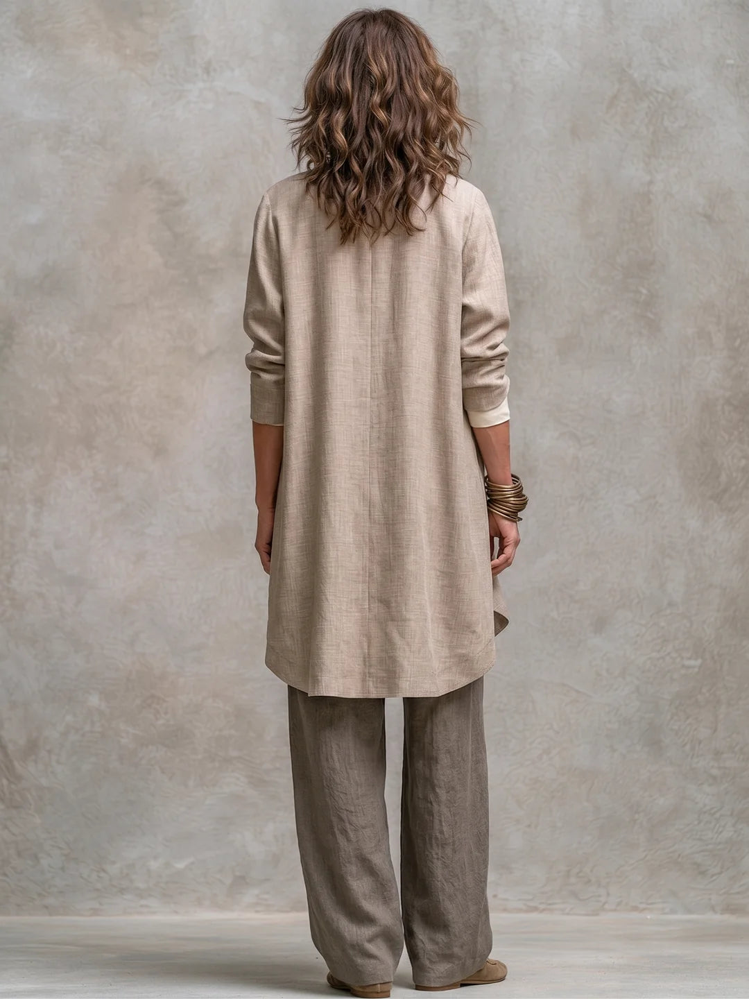 Costanza | Conjunto de Tres Piezas Beige y Gris, Casual en Capas, con Pantalón Palazzo, Elegante