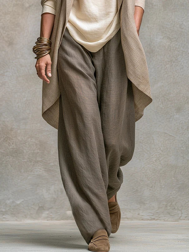 Costanza | Conjunto de Tres Piezas Beige y Gris, Casual en Capas, con Pantalón Palazzo, Elegante