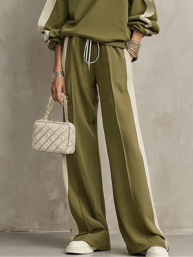 Sonia | Conjunto Casual de Sudadera Verde Oliva de Cuello Redondo y Pantalón Ancho con Cordón