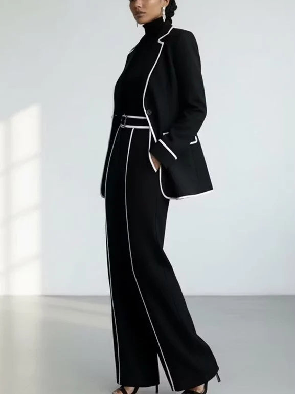 Claudia | Conjunto de Dos Piezas de Blazer con Ribete en Contraste Negro y Pantalón de Pierna Ancha
