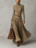 Júlia -  Vestido Maxi Plisado Elegante de Cuello Alto y Manga Larga con Lazo en la Cintura
