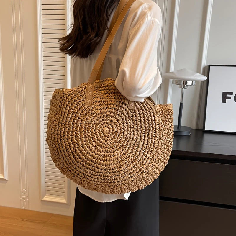 Linda | Bolso redondo de paja trenzada - avellana