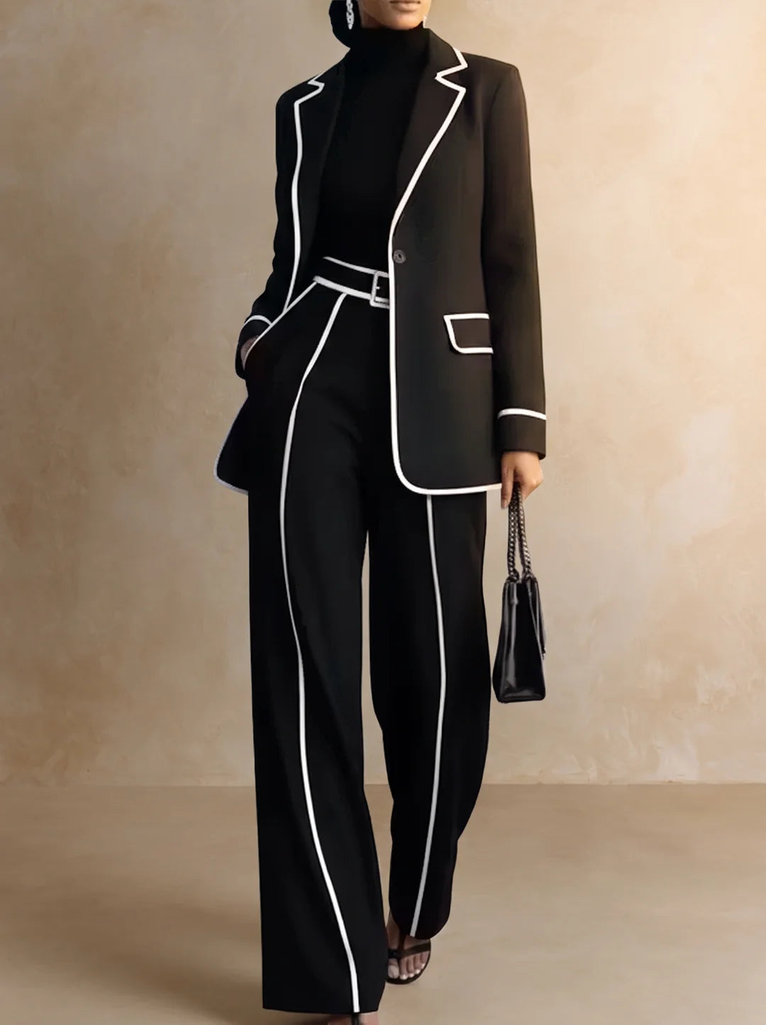 Claudia | Conjunto de Dos Piezas de Blazer con Ribete en Contraste Negro y Pantalón de Pierna Ancha