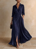 Gabriella | Elegante Vestido Camisero Maxi Azul Marino Anudado