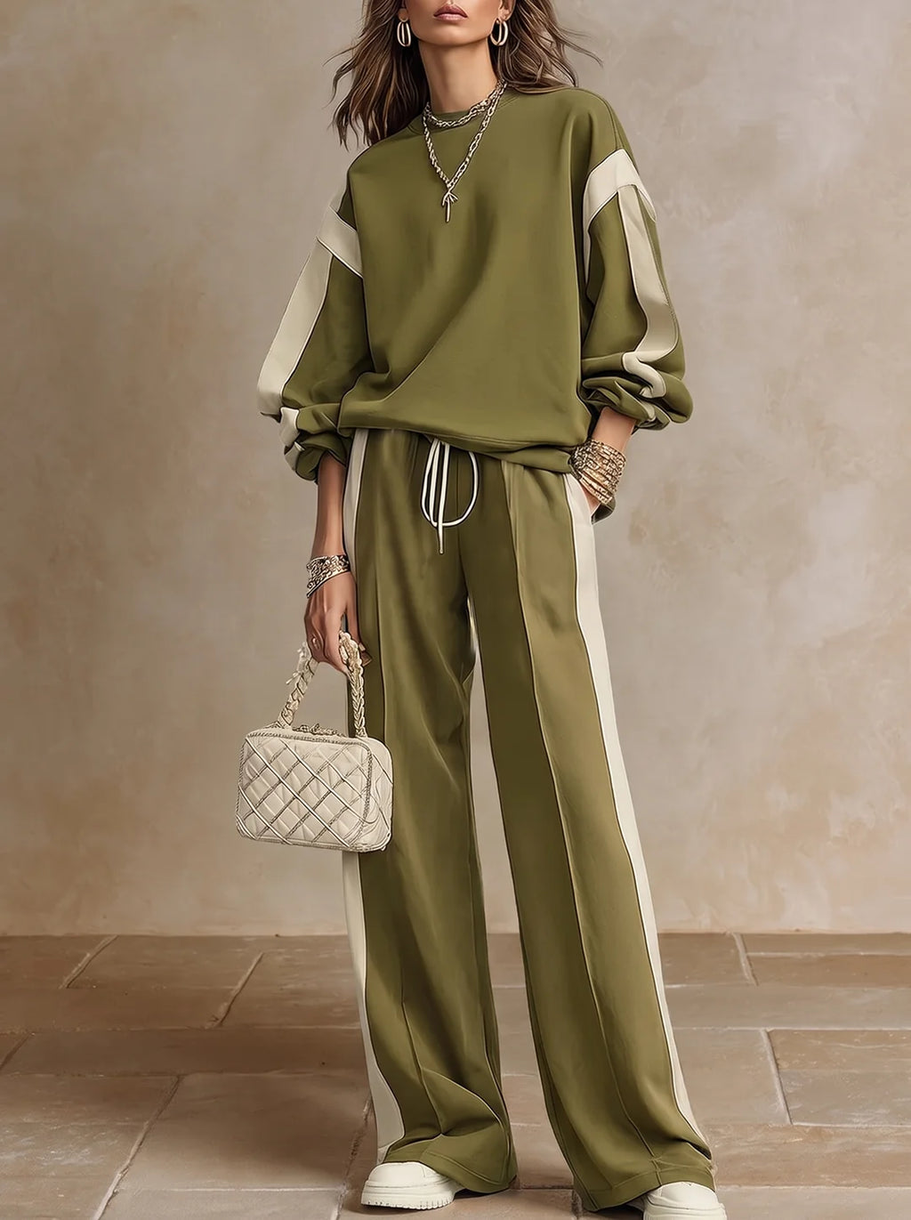 Sonia | Conjunto Casual de Sudadera Verde Oliva de Cuello Redondo y Pantalón Ancho con Cordón
