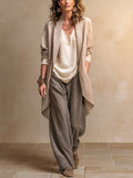 Costanza | Conjunto de Tres Piezas Beige y Gris, Casual en Capas, con Pantalón Palazzo, Elegante