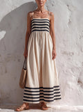 Vestido largo de rayas negras y beige con tirantes finos