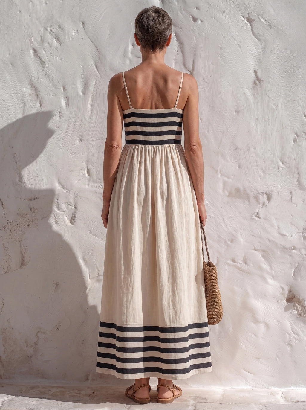 Vestido largo de rayas negras y beige con tirantes finos