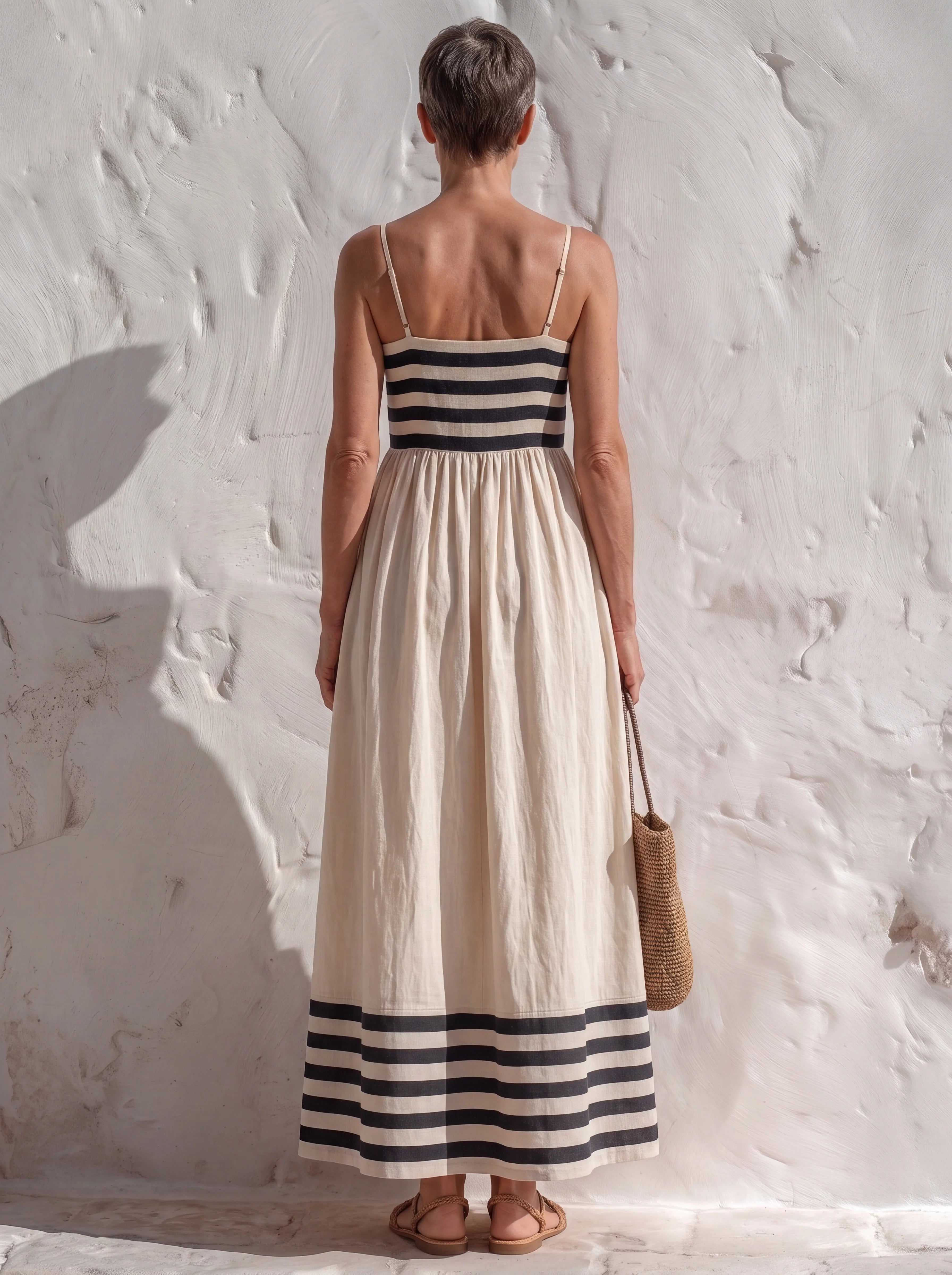 Vestido largo de rayas negras y beige con tirantes finos