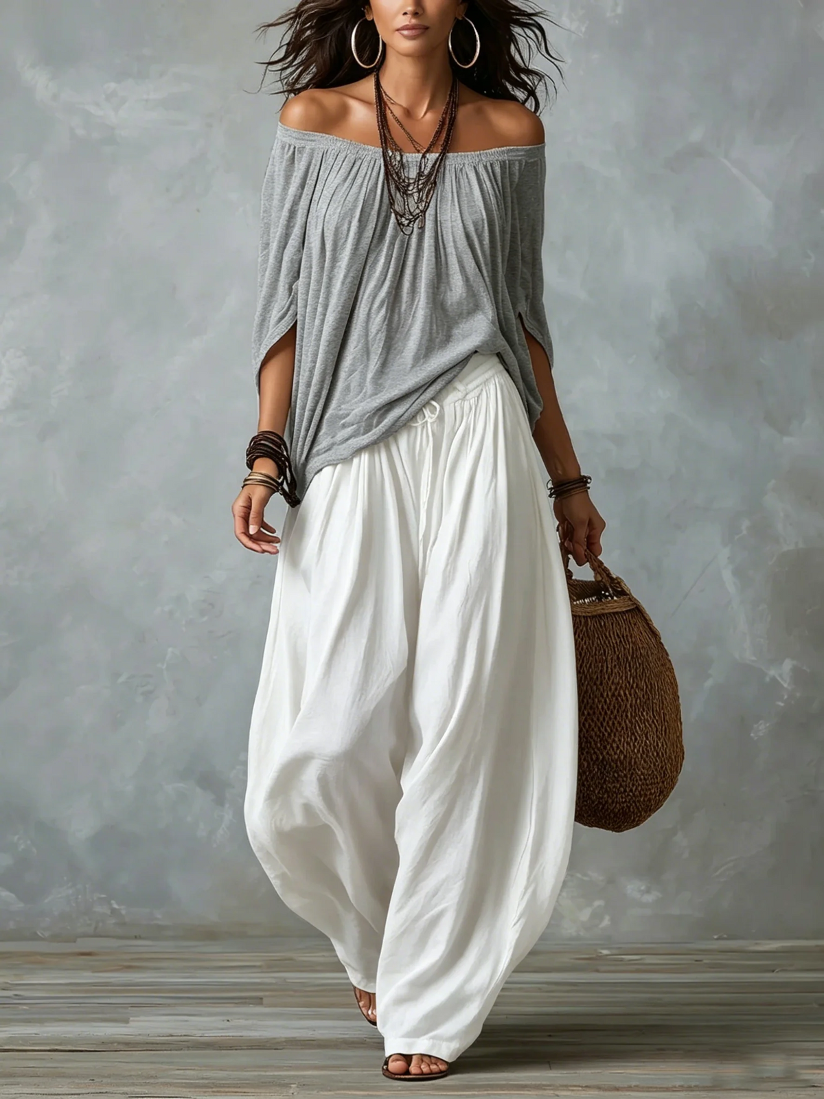 Conjunto de hombros descubiertos y pantalón fluido - Marta