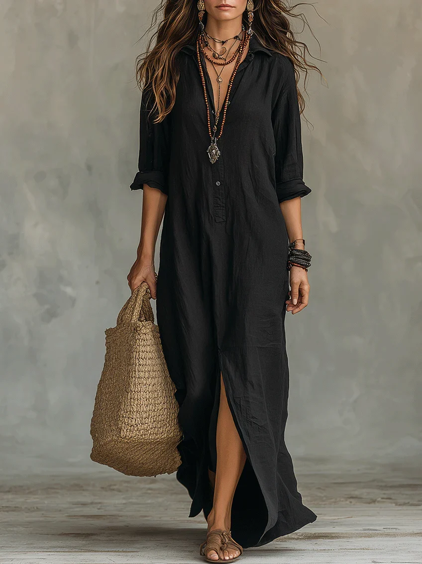 Solène | Vestido maxi negro fluido con botones
