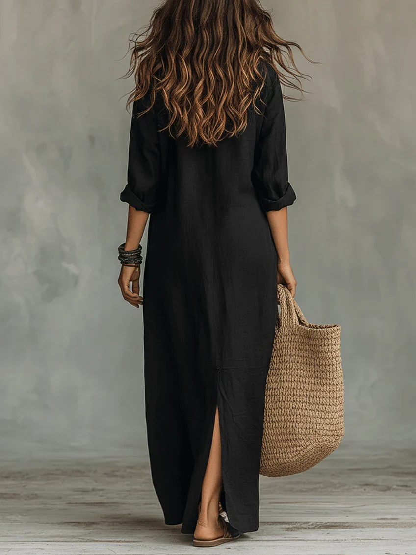 Solène | Vestido maxi negro fluido con botones