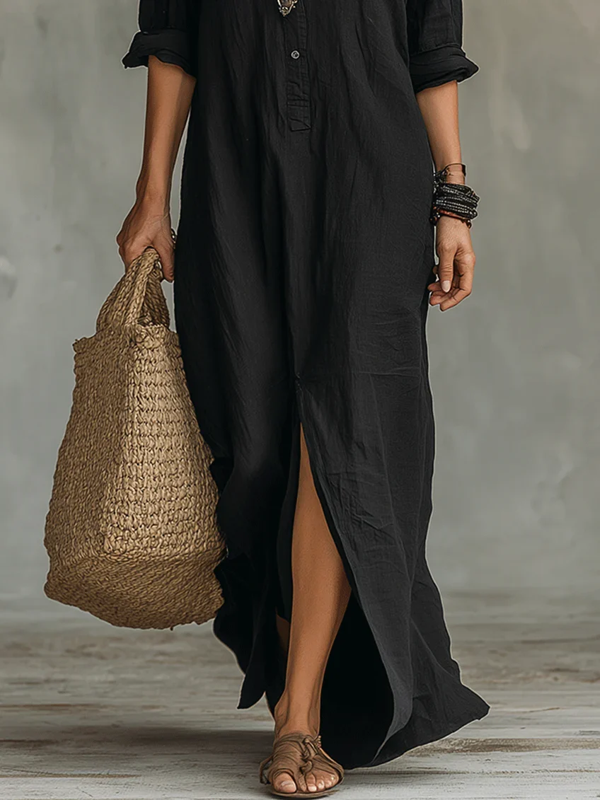 Solène | Vestido maxi negro fluido con botones