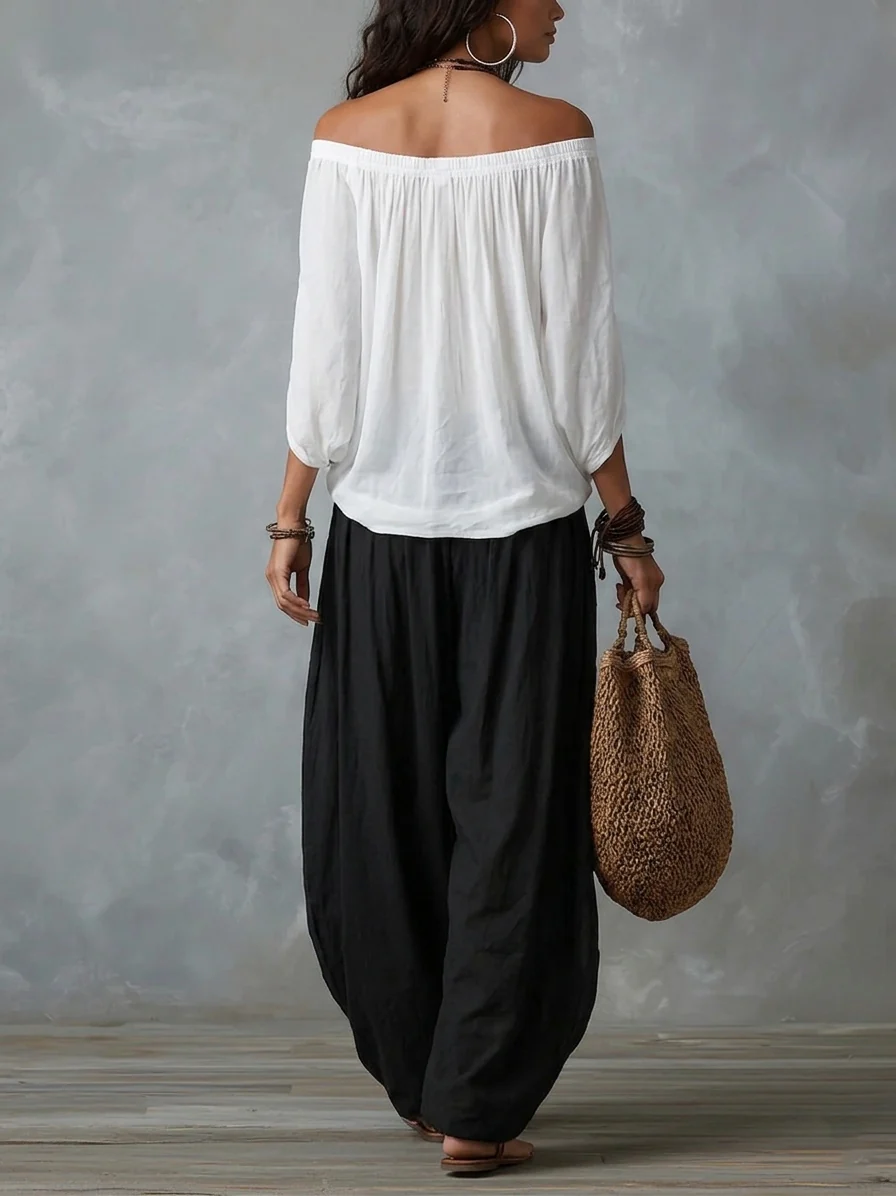 Conjunto de hombros descubiertos y pantalón fluido - Marta