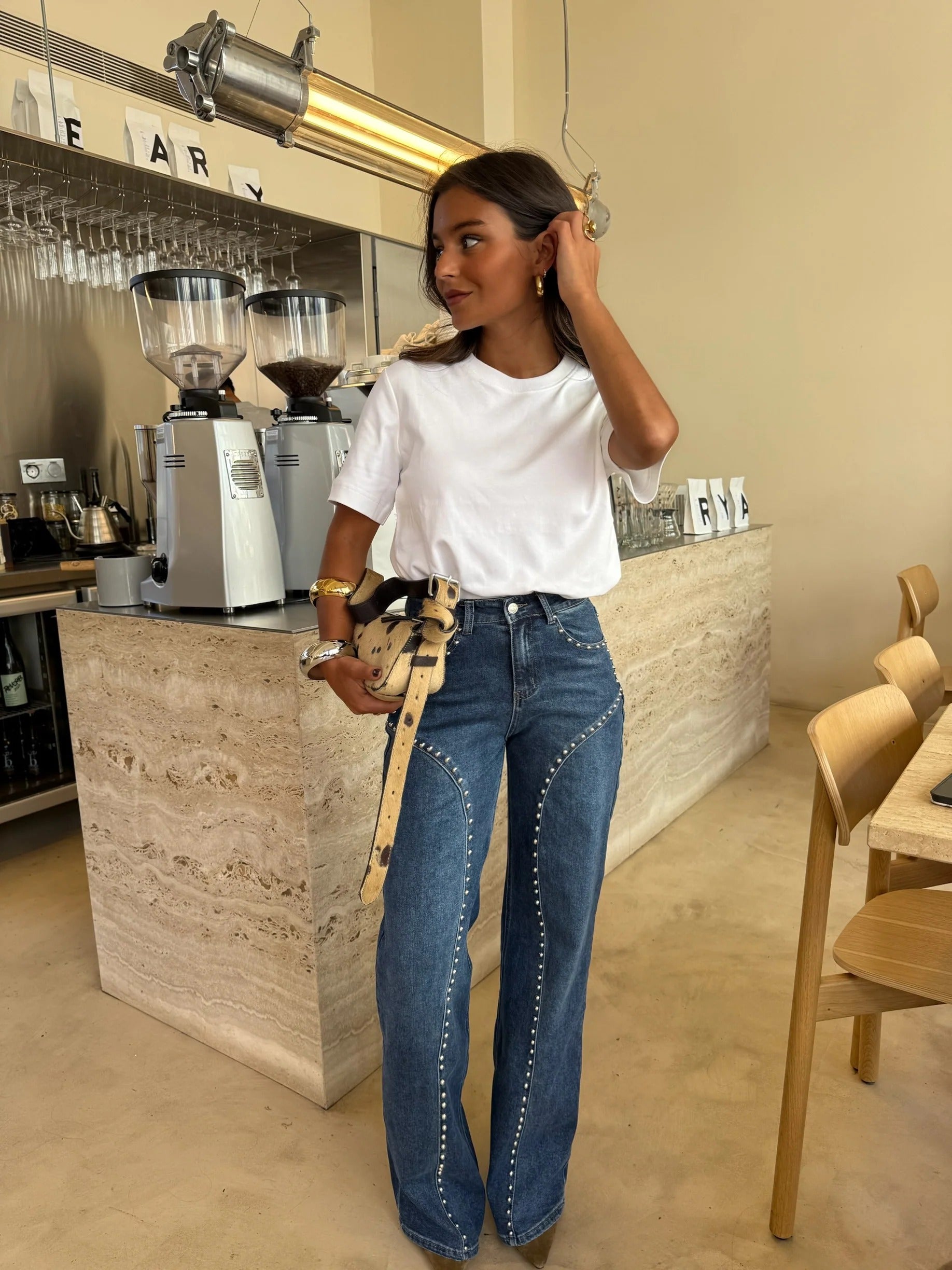 Pantalones Detalles con tachuelas Wide Leg Denim
